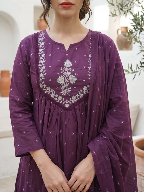 Purple_Cotton_Embroidered_Anarkali_Kurta_Pant_Set_For_Women