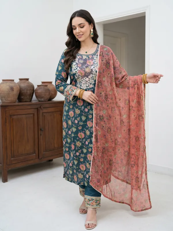 Dark_Green_Cotton_Straight_Floral_Print_Kurta_Set_For_Women
