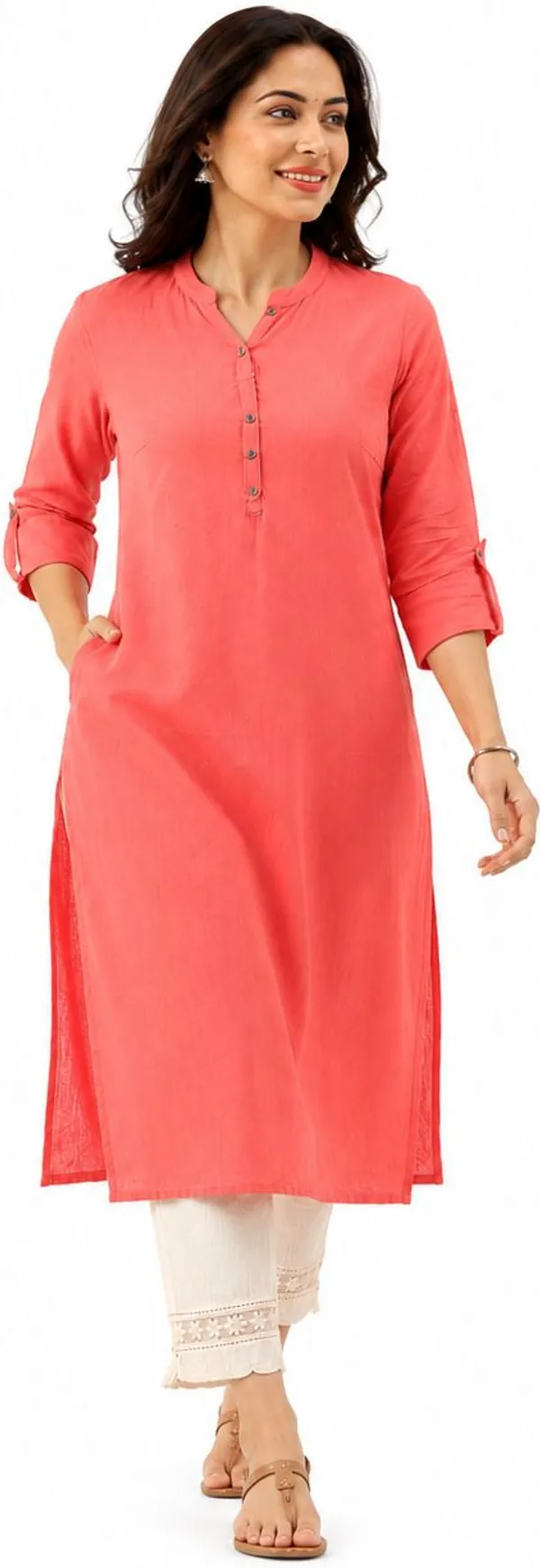 Coral_Pink_Cotton_Straight_Solid_Kurta_For_Women