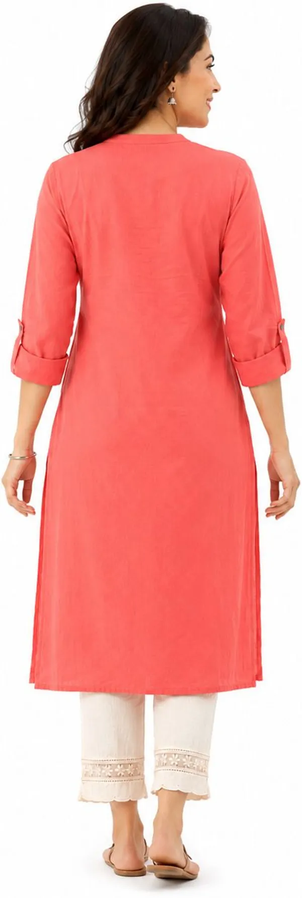 Coral_Pink_Cotton_Straight_Solid_Kurta_For_Women