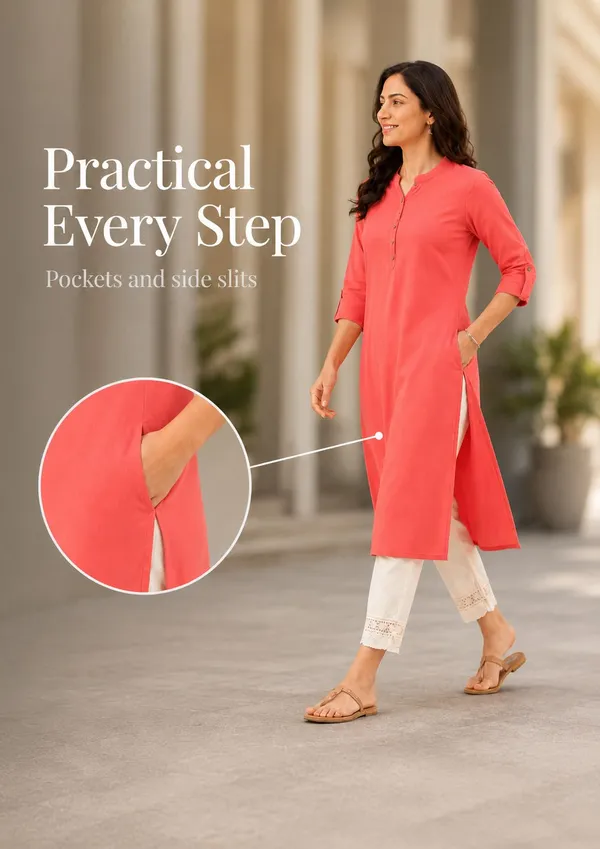 Coral_Pink_Cotton_Straight_Solid_Kurta_For_Women