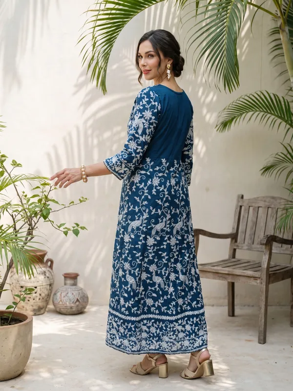 Blue_Cotton_Embroidered_Long_Kurta_Pant_Set_For_Women