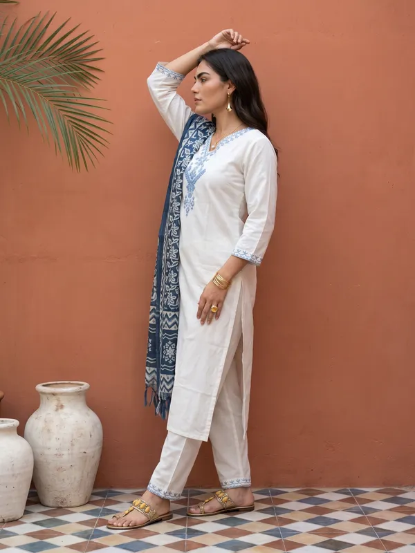 White_Cotton_Embroidered_Straight_Kurta_Pant_Dupatta_Set_For_Women