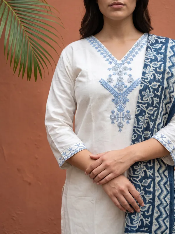 White_Cotton_Embroidered_Straight_Kurta_Pant_Dupatta_Set_For_Women