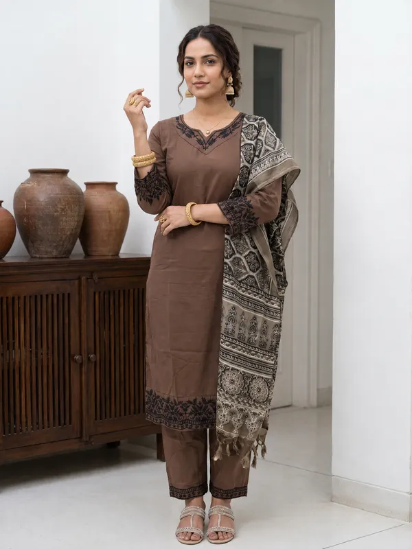 Brown_Cotton_Embroidered_Straight_Kurta_Pant_Dupatta_Set_For_Women