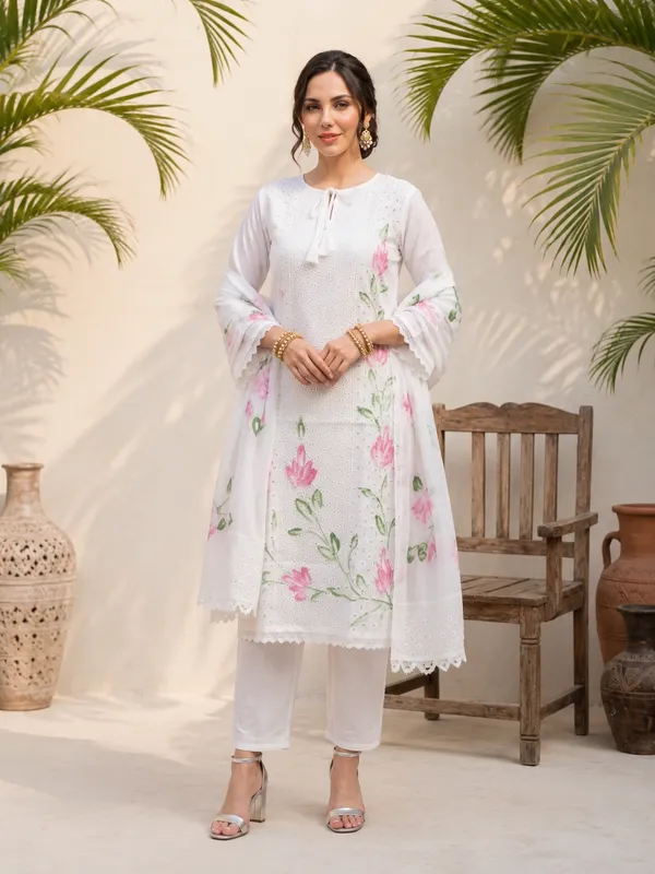 White_Cotton_Floral_Print_Straight_Kurta_Pant_Dupatta_Set_For_Women