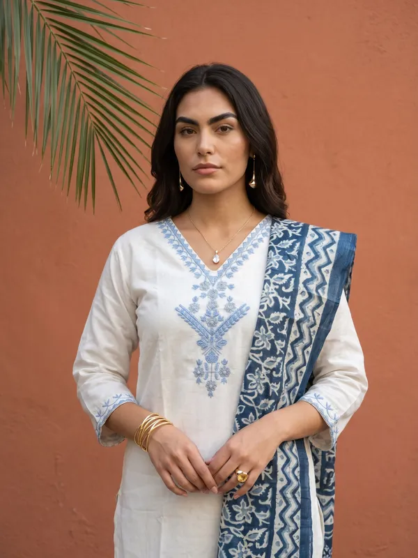 White_Cotton_Embroidered_Straight_Kurta_Pant_Dupatta_Set_For_Women