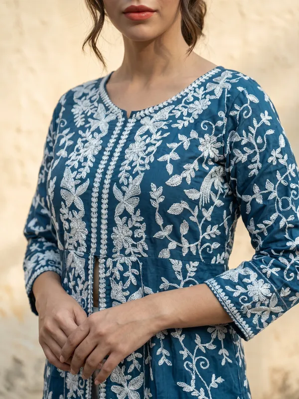 Blue_Cotton_Embroidered_Long_Kurta_Pant_Set_For_Women