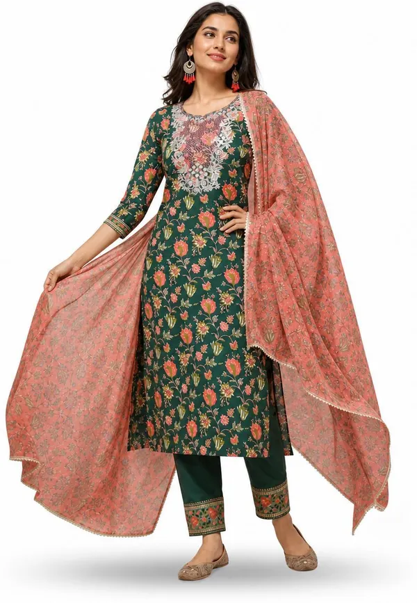 Dark_Green_Cotton_Straight_Floral_Print_Kurta_Set_For_Women