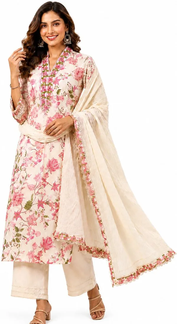 Beige_Cotton_Floral_Print_Straight_Kurta_Pant_Dupatta_Set_For_Women