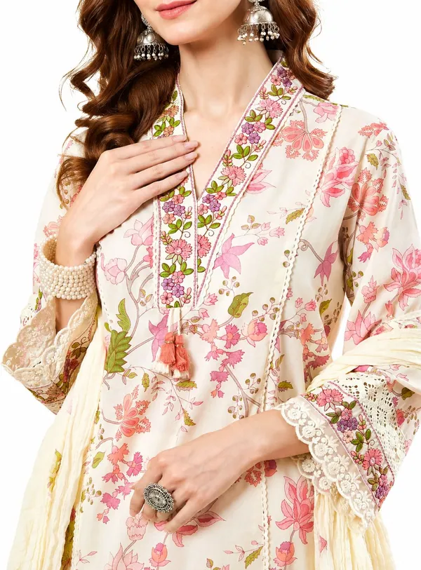 Beige_Cotton_Floral_Print_Straight_Kurta_Pant_Dupatta_Set_For_Women