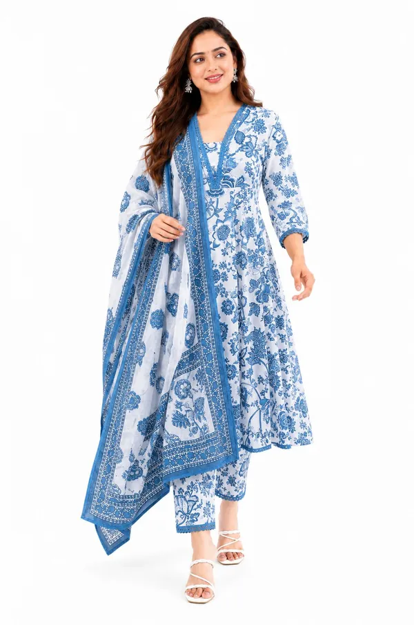 Blue_Cotton_Floral_Print_Kurta_Pant_Dupatta_Set_For_Women