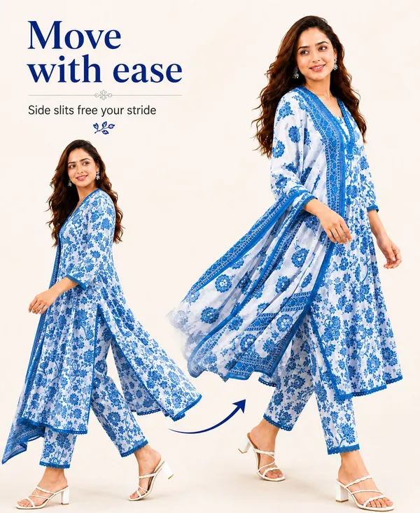 Blue_Cotton_Floral_Print_Kurta_Pant_Dupatta_Set_For_Women