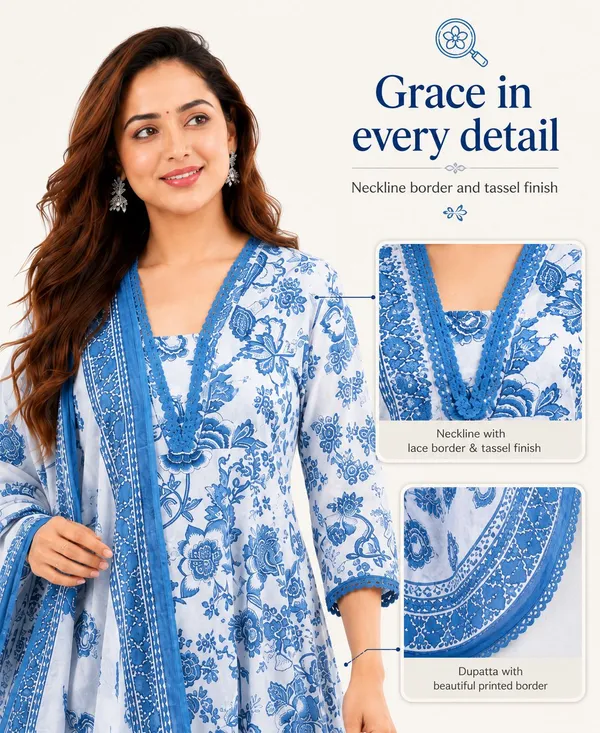 Blue_Cotton_Floral_Print_Kurta_Pant_Dupatta_Set_For_Women