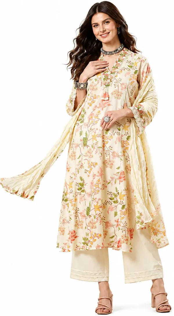 Beige_Cotton_Straight_Floral_Print_Kurta_Pant_Dupatta_Set_For_Women