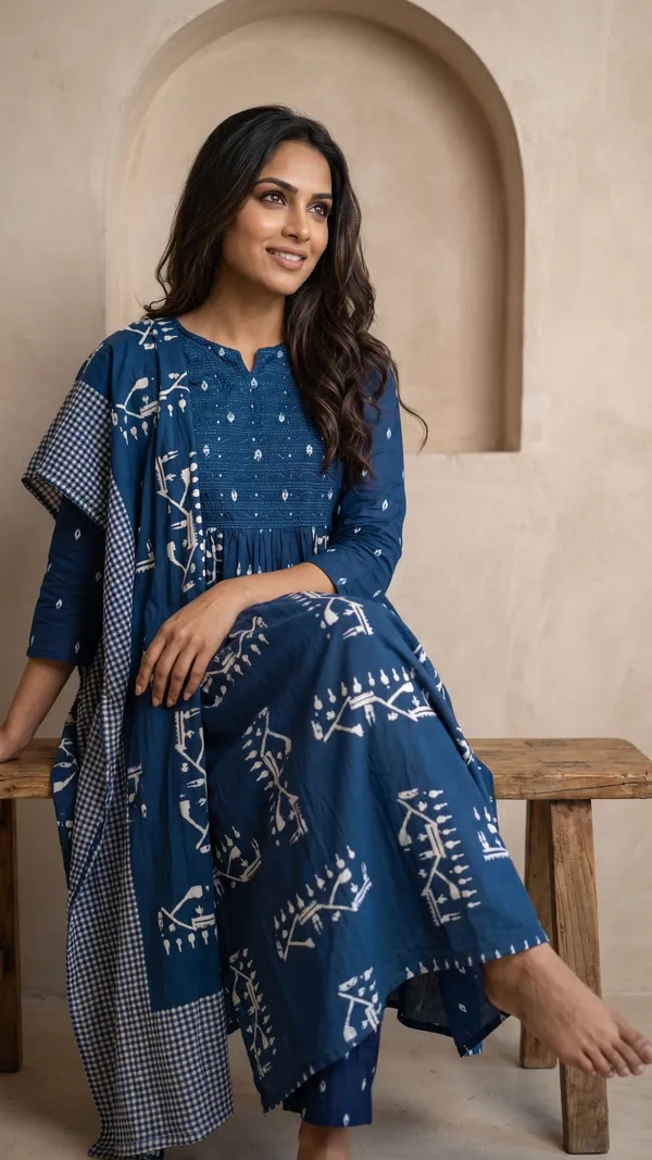 Dark_Blue_Cotton_Straight_Printed_Kurta_Pant_Dupatta_Set_For_Women