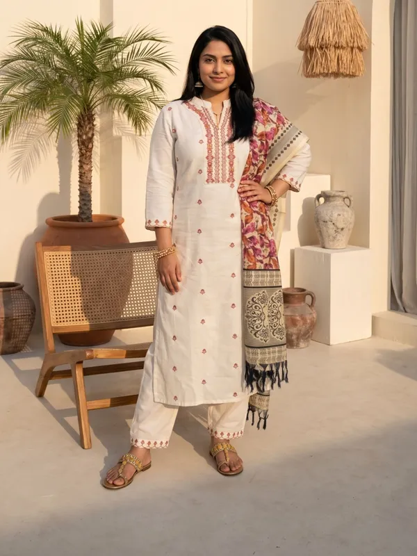 Off_White_Cotton_Embroidered_Kurta_Pant_Dupatta_Set_For_Women
