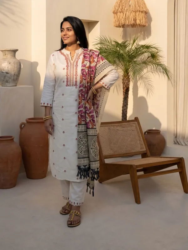 Off_White_Cotton_Embroidered_Kurta_Pant_Dupatta_Set_For_Women