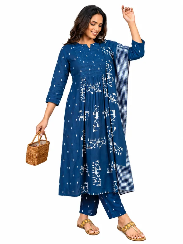 Dark_Blue_Cotton_Straight_Printed_Kurta_Pant_Dupatta_Set_For_Women