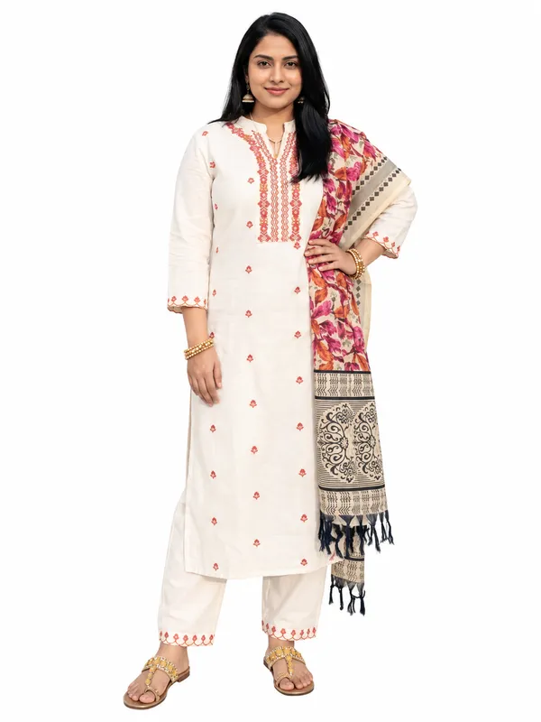 Off_White_Cotton_Embroidered_Kurta_Pant_Dupatta_Set_For_Women
