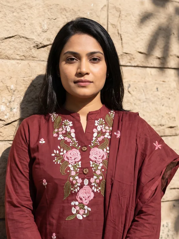 Maroon_Cotton_Embroidered_Straight_Kurta_Pant_Dupatta_Set_For_Women