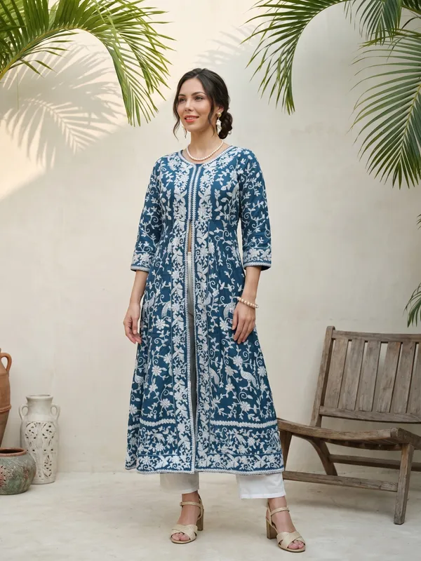 Blue_Cotton_Embroidered_Long_Kurta_Pant_Set_For_Women