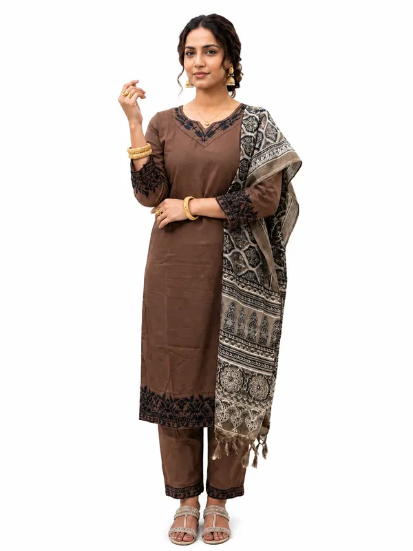 Brown_Cotton_Embroidered_Straight_Kurta_Pant_Dupatta_Set_For_Women