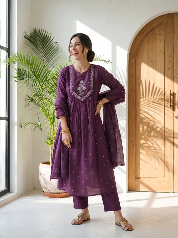 Purple_Cotton_Embroidered_Anarkali_Kurta_Pant_Set_For_Women