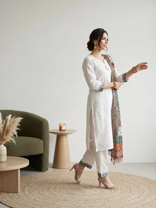 White_Cotton_Embroidered_Straight_Kurta_Pant_Dupatta_Set_For_Women