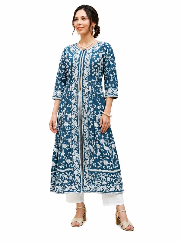 Blue_Cotton_Embroidered_Long_Kurta_Pant_Set_For_Women