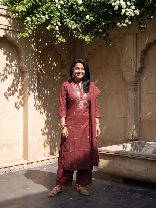 Maroon_Cotton_Embroidered_Straight_Kurta_Pant_Dupatta_Set_For_Women