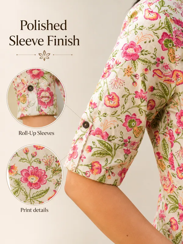 Beige_Cotton_A-Line_Floral_Print_Kurta_Set_For_Women