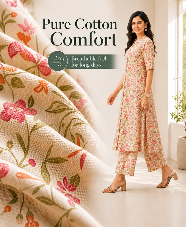 Beige_Cotton_A-Line_Floral_Print_Kurta_Set_For_Women