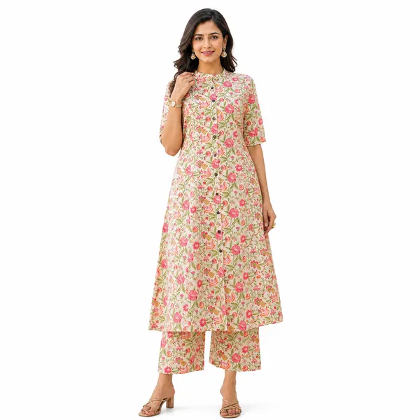 Beige_Cotton_A-Line_Floral_Print_Kurta_Set_For_Women