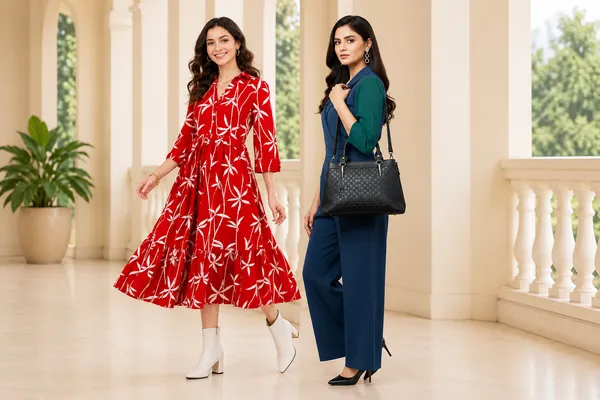 Red_And_Black_Cotton_Fit_And_Flare_Botanical_Print_Midi_Dress_&_Handbag_For_Women_Pack_Of_2
