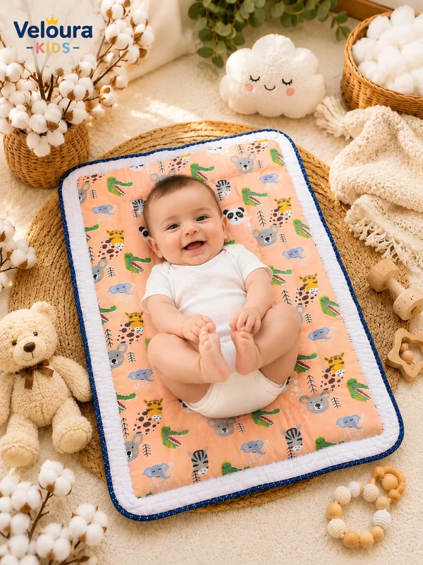 Peach_Printed_Quilted_Baby_Play_Mat__|_(Size:30x20_Inch)_|_Soft_Cotton_Sleeping_Mattress_|