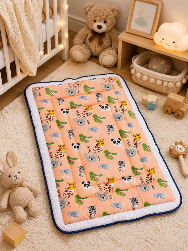 Peach_Printed_Quilted_Baby_Play_Mat__|_(Size:30x20_Inch)_|_Soft_Cotton_Sleeping_Mattress_|