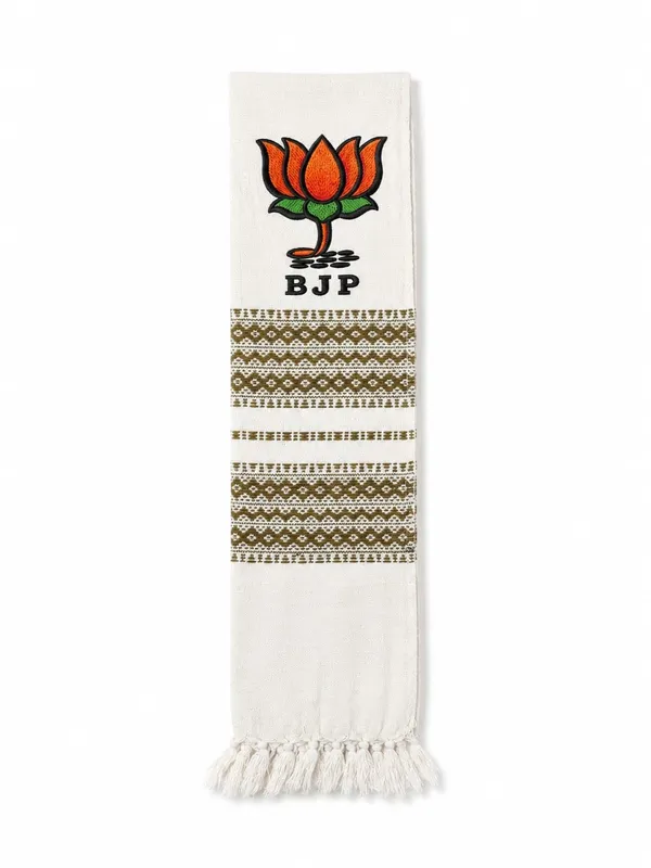 Cream_And_Green_Cotton_Bjp_Lotus_Embroidered_Campaign_Patka_Muffler