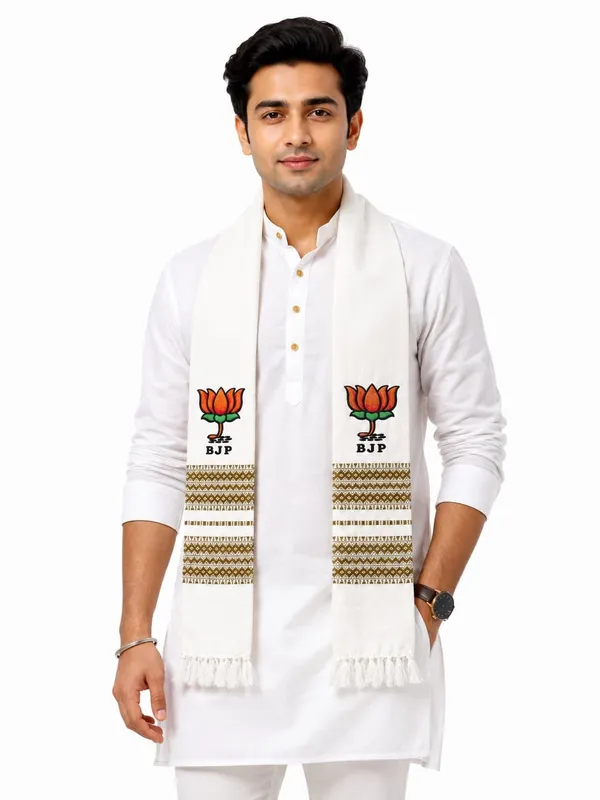 Cream_And_Green_Cotton_Bjp_Lotus_Embroidered_Campaign_Patka_Muffler