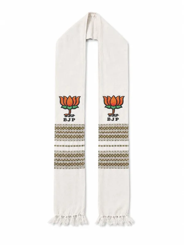 Cream_And_Green_Cotton_Bjp_Lotus_Embroidered_Campaign_Patka_Muffler
