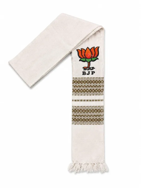 Cream_And_Green_Cotton_Bjp_Lotus_Embroidered_Campaign_Patka_Muffler