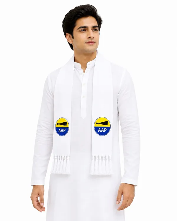 White_Cotton_Aap_Campaign_Muffler_Scarf_Broom_Symbol_Print