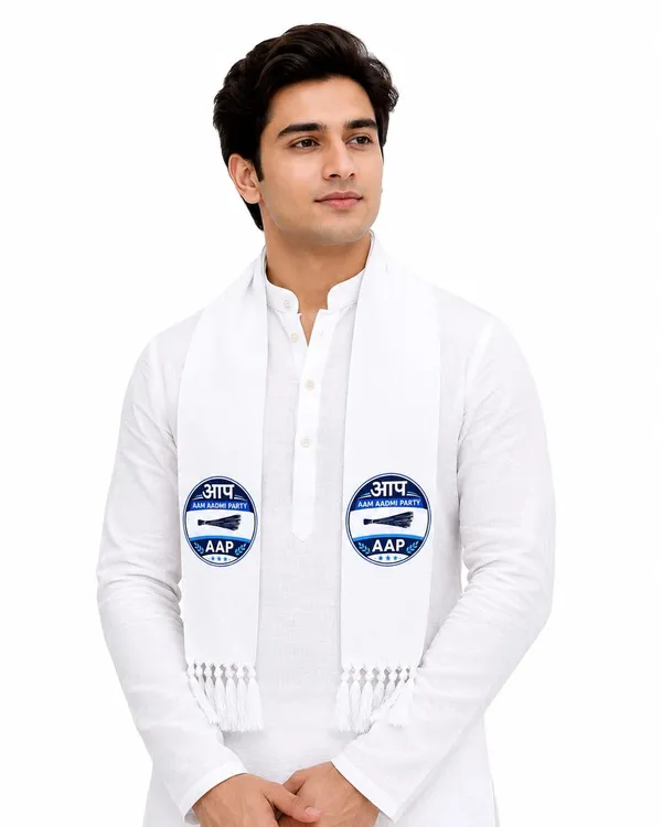 White_Cotton_Aap_Campaign_Muffler_Scarf_Broom_Symbol_Print