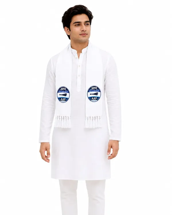 White_Cotton_Aap_Campaign_Muffler_Scarf_Broom_Symbol_Print