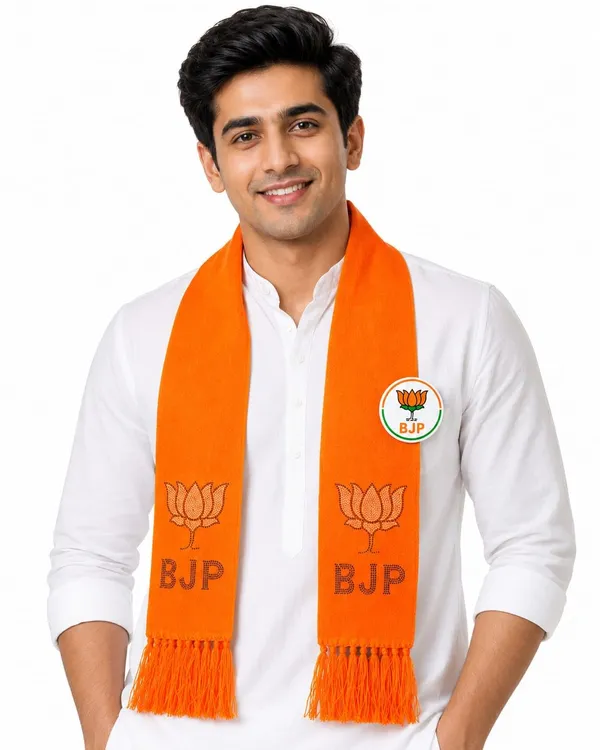 Orange_Cotton_Bjp_Campaign_Scarf_Lotus_Motif_With_Badge