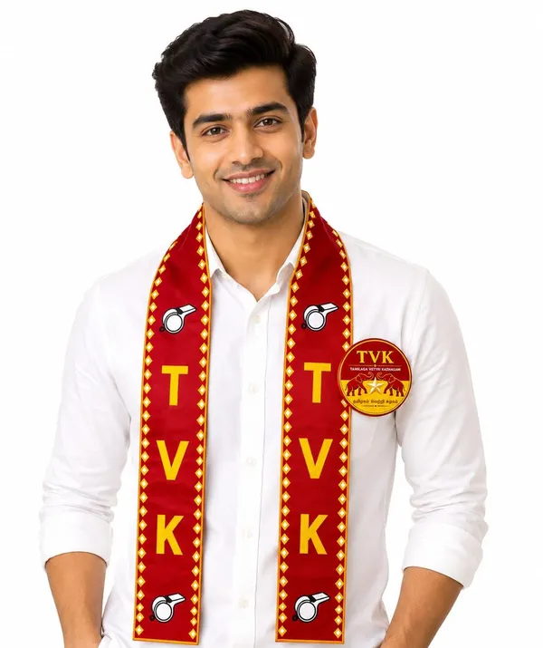 Red_Yellow_Cotton_Tvk_Campaign_Scarf_Whistle_Motif_With_Badge
