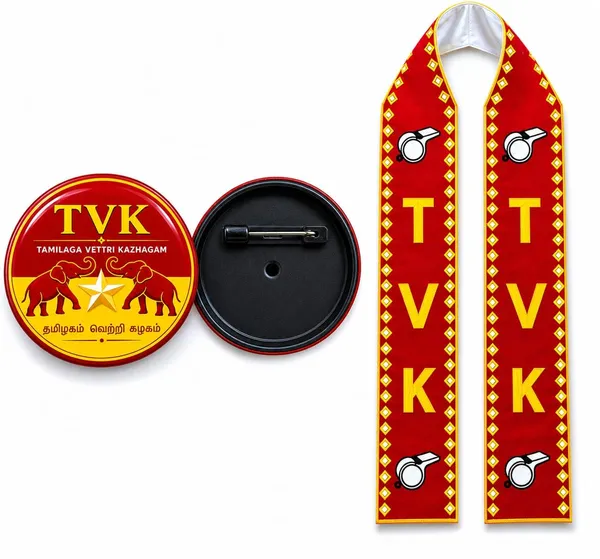 Red_Yellow_Cotton_Tvk_Campaign_Scarf_Whistle_Motif_With_Badge