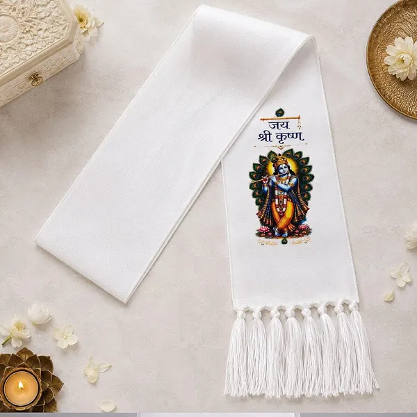 White_Cotton_Jai_Shri_Krishna_Flute_Print_Religious_Patka