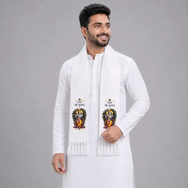 White_Cotton_Jai_Shri_Krishna_Flute_Print_Religious_Patka