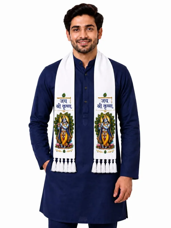 White_Cotton_Jai_Shri_Krishna_Flute_Print_Religious_Patka